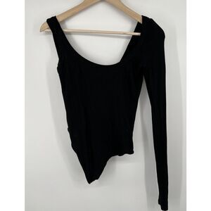 Alix NYC Black Ripped Bodysuit Top Size Medium One Shoulder Long Sleeve